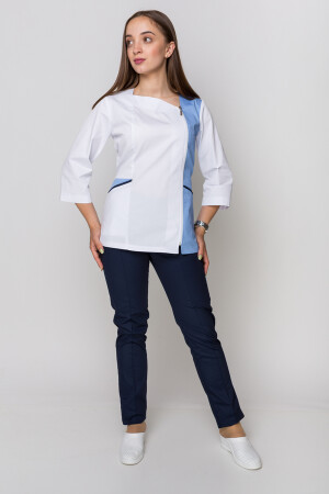 Медицинский костюм Лилия + Бр. зауженные. COTTON. Белый + голубой / темно-синий (5411155) фото 11