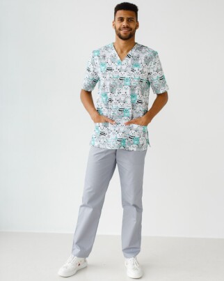 Медицинский костюм с принтом мужской Гранит Коты серый  131-408-644 (6613709) фото 8