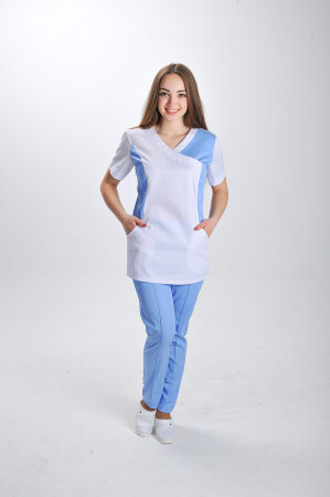 Медицинский костюм Марина+ Бр. зауженные. COTTON. Белый / голубой (544748) фото 1