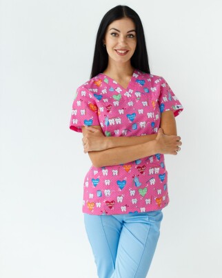 Медицинский костюм с принтом женский Топаз Teeth pink/blue 138-337-623 (6613256) фото 3