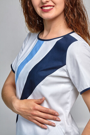 Медицинский костюм Айс+Брюки зауженные. COTTON. Белый + темно-синий + голубой / темно-синий (544709) фото 8