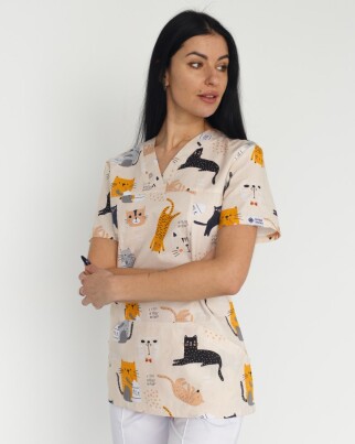 Медичний костюм із принтом жіночий Топаз Кішки білий/бежевий 138-324-644 (6613346) фото 8