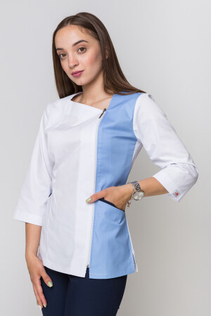 Медицинский костюм Лилия + Бр. зауженные. COTTON. Белый + голубой / темно-синий (5411155) фото 15