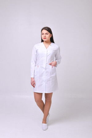 Женский медицинский халат Изабелла длинный рукав. COTTON. Белый + красный (отделка) (544773) фото 2