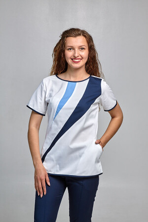 Медицинский костюм Айс+Брюки зауженные. COTTON. Белый + темно-синий + голубой / темно-синий (544709) фото 2