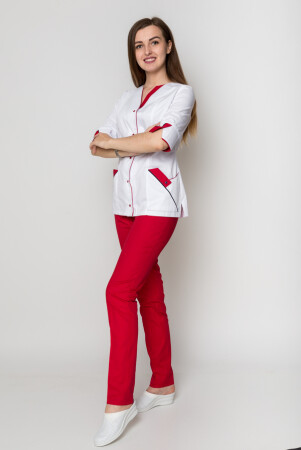 Костюм медицинский женский Кристина+Бр. зауженные. COTTON. Белый / красный (5410104) фото 8