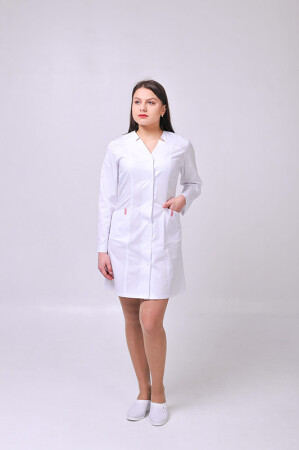 Женский медицинский халат Изабелла длинный рукав. COTTON. Белый + красный (отделка) (544773) фото 1
