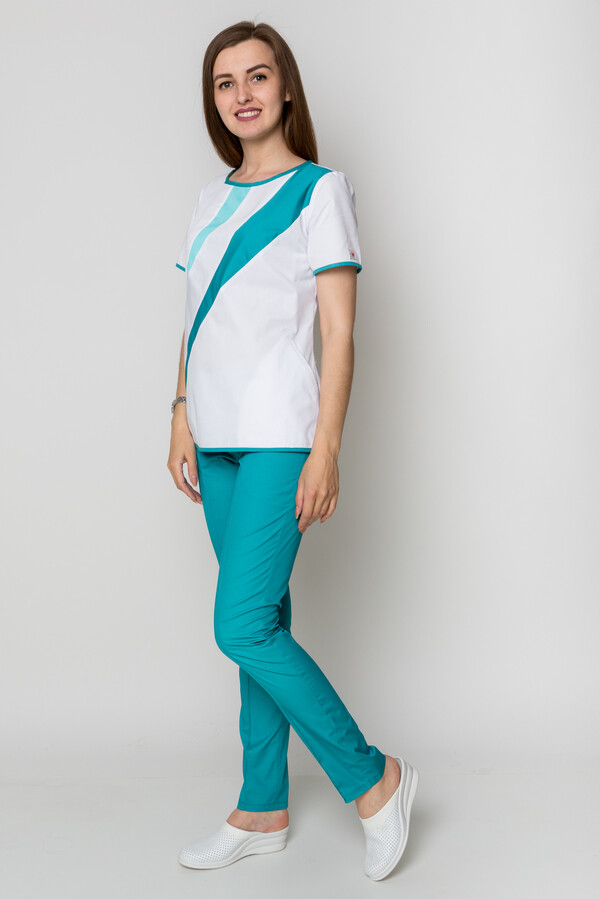 Медицинский костюм Айс+Бр. зауженные. COTTON. Белый + карибы + ментол / карибы (5410054) фото 5