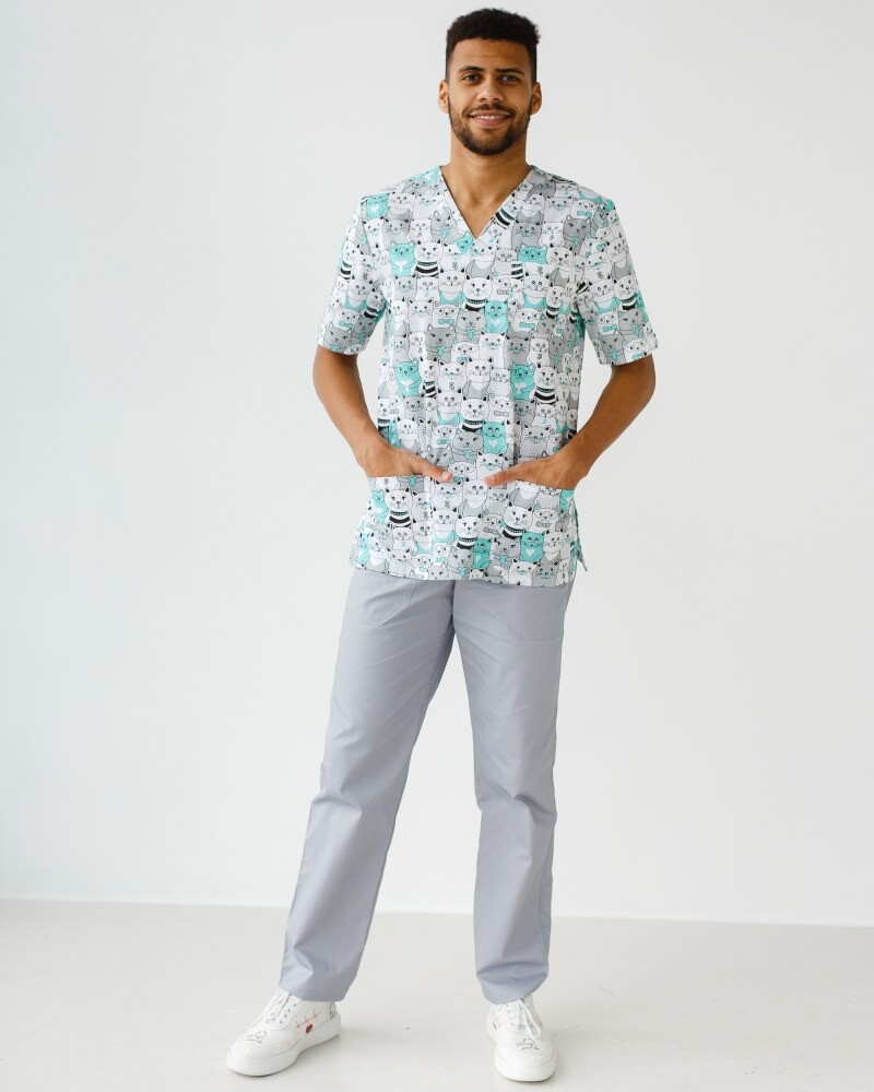 Медицинский костюм с принтом мужской Гранит Коты серый  131-408-644 (6613709) фото 8