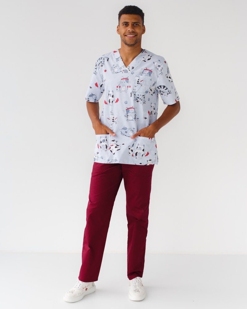 Medical suit with print men's Granite sport cats marsala/gray 130-326-770 (6613690) фото 7