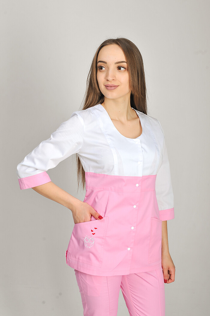 Костюм медицинский Роуз+ Бр. зауженные. COTTON. Белый / розовый / вышивка (544661) фото 3