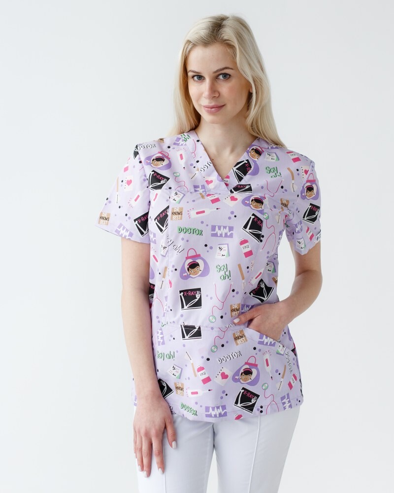 Медицинский костюм с принтом женский Топаз Laboratory white/purple 137-324-775  (6613277) фото 8