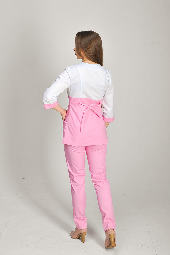 Костюм медицинский Роуз+ Бр. зауженные. COTTON. Белый / розовый / вышивка (544661) фото 5