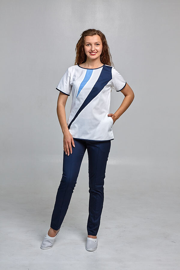 Медицинский костюм Айс+Брюки зауженные. COTTON. Белый + темно-синий + голубой / темно-синий (544709) фото 1
