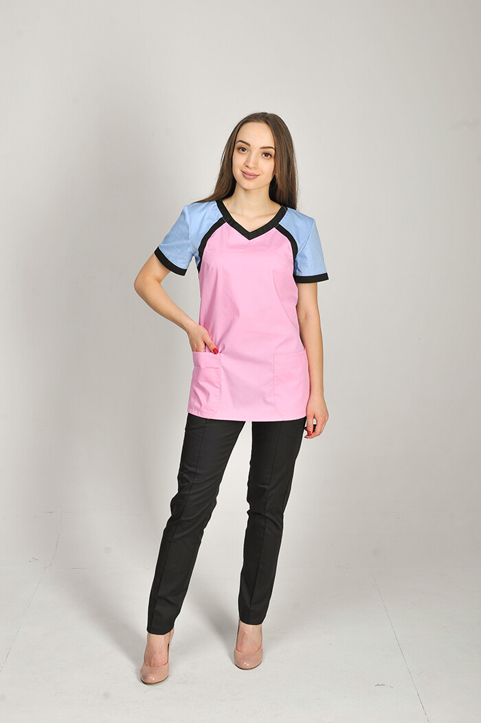 Костюм медицинский Колибри+ Бр. зауженные. COTTON. Роза / голубой / черный (544652) фото 1