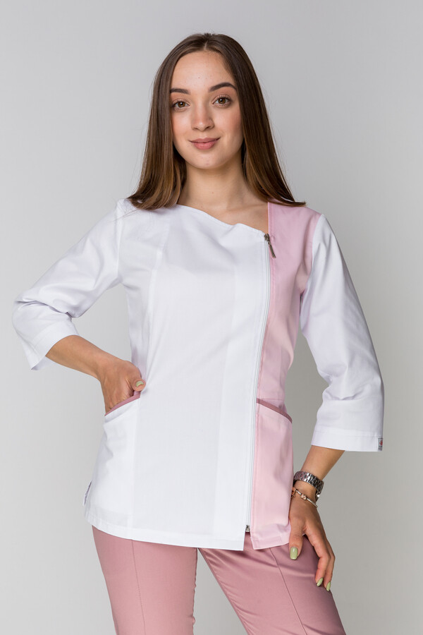 Медицинский костюм Лилия+ Бр. зауженные. COTTON. Белый + розовый / пепельная роза (5411171) фото 17
