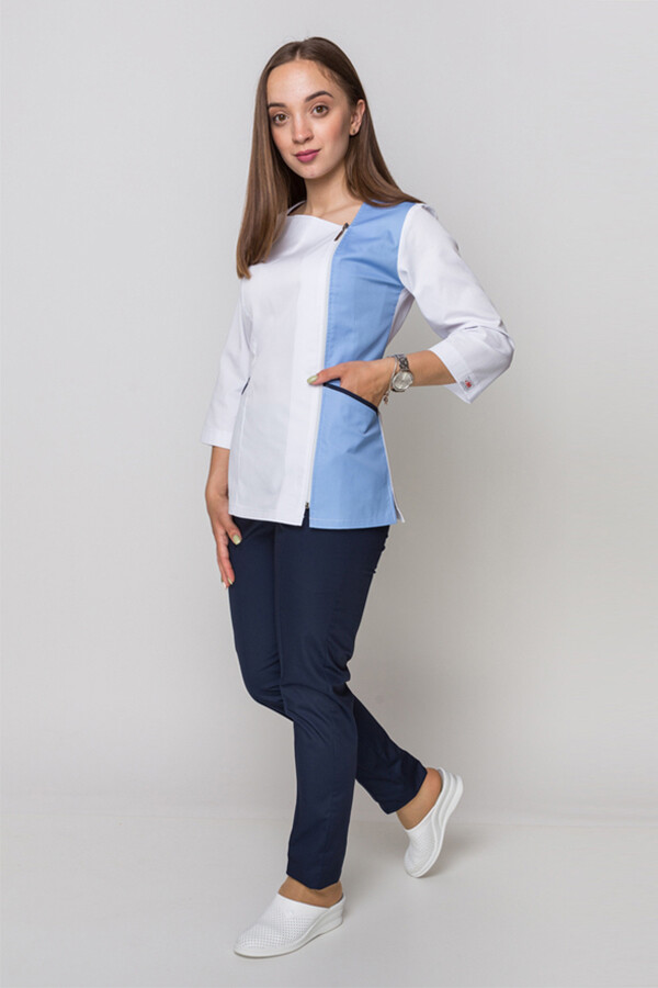 Медицинский костюм Лилия + Бр. зауженные. COTTON. Белый + голубой / темно-синий (5411155) фото 18