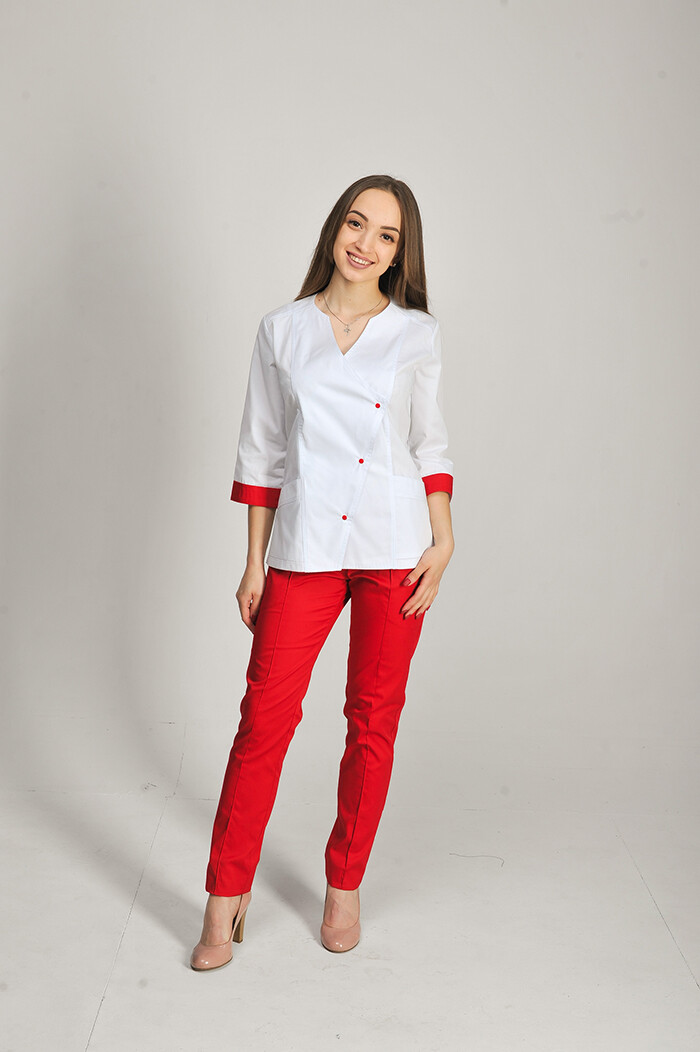 Костюм медицинский Стрелка+ Бр. зауженные. COTTON. Белый / красный (544677) фото 1