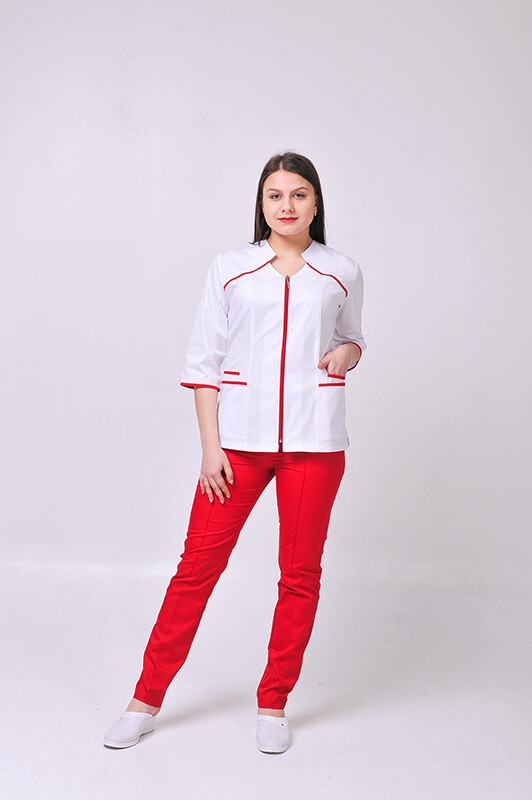 Костюм медицинский Жасмин+ Бр. зауженные. COTTON. Белый / красный (544633) фото 1