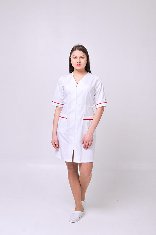 Женский медицинский халат Лия COTTON Белый + красный (отделка) (544770) фото 2