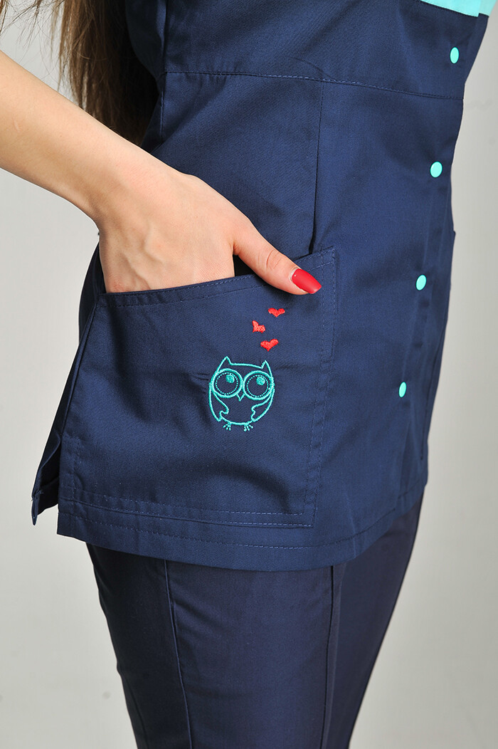 Костюм медицинский Роуз+ Бр. зауженные. COTTON. Ментол / темно-синий / вышивка (544660) фото 3