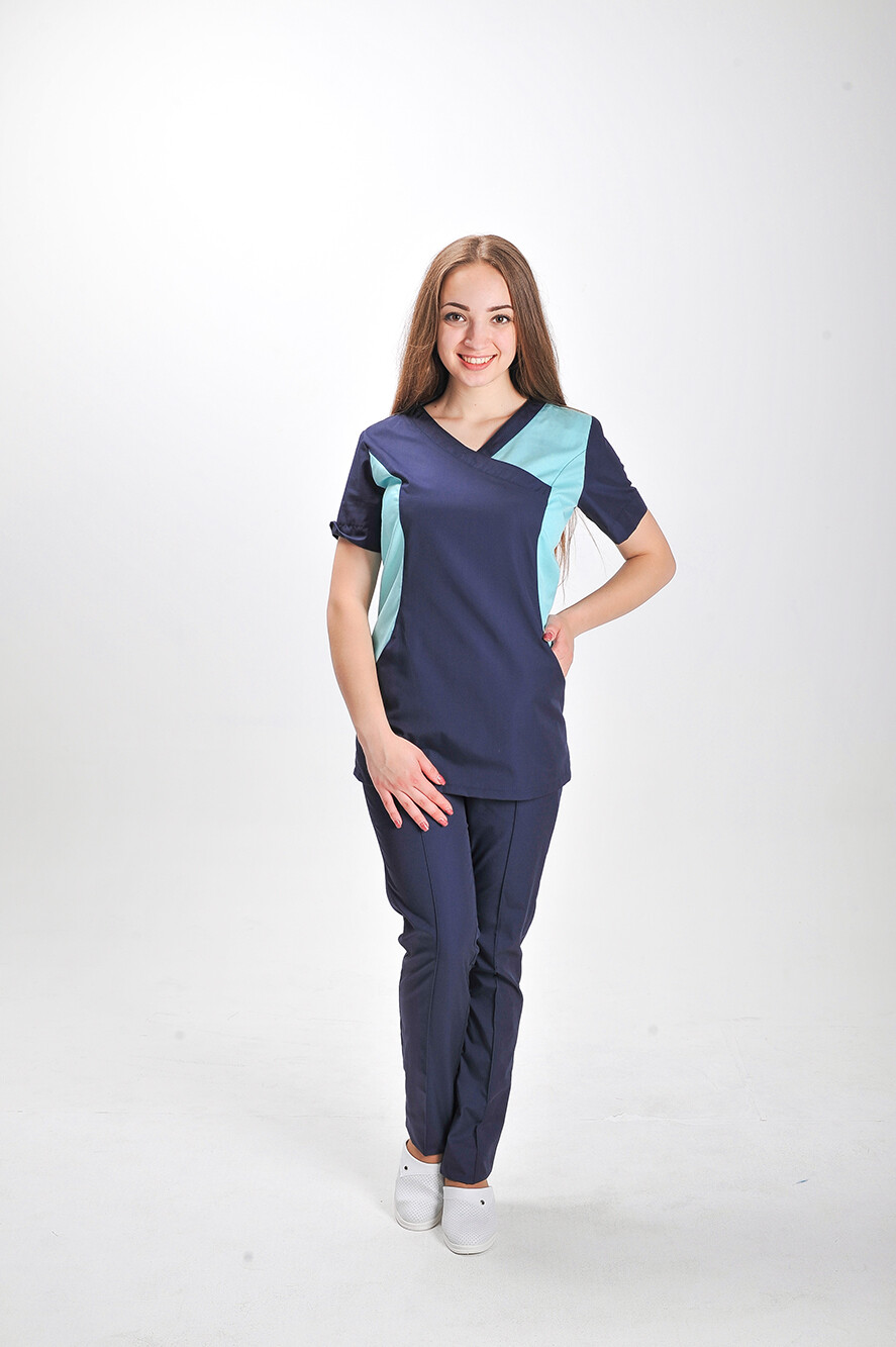 Медицинский костюм Марина+ Бр. зауженные. COTTON. Темно-синий с ментолом (отделка) (544706) фото 1