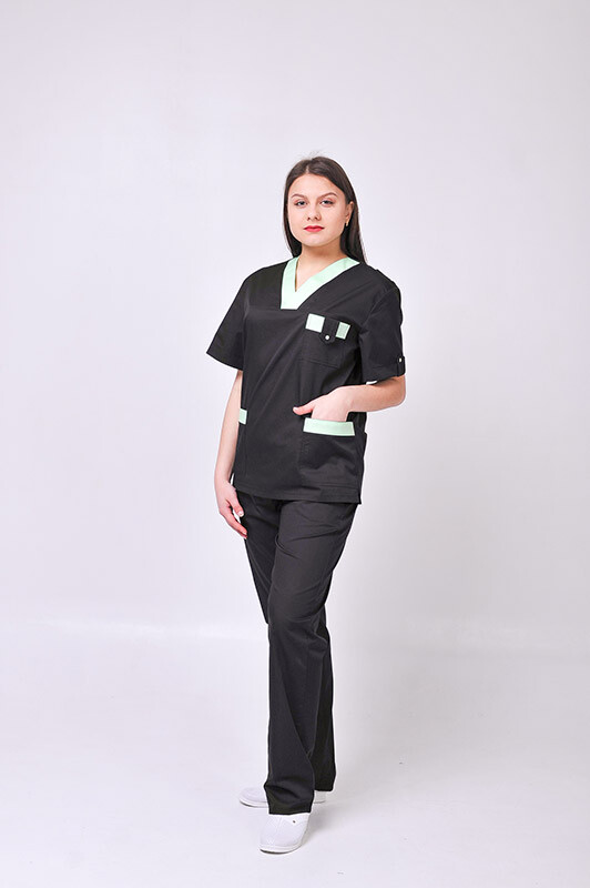 Хирургический костюм К-33. COTTON. Унисекс Черный с салатным (отделка) (544639) фото 2