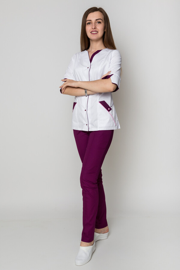 Костюм медицинский Кристина+Бр. зауженные. COTTON. Белый / баклажан (5410101) фото 1