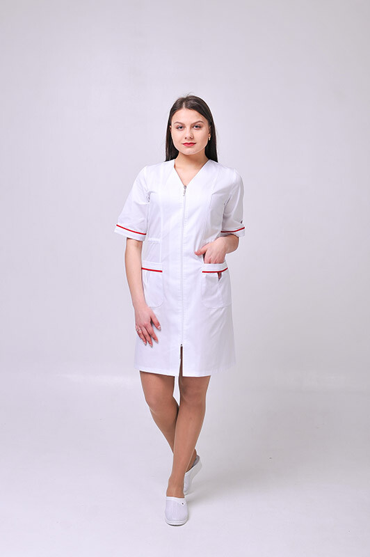 Женский медицинский халат Лия COTTON Белый + красный (отделка) (544770) фото 1