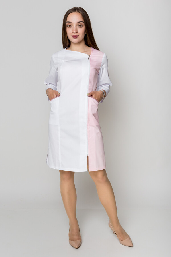 Женский медицинский халат Лилия. COTTON. Белый + розовый + пепельная роза (кант) (5411152) фото 1