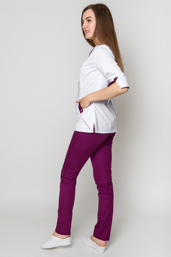 Костюм медицинский Кристина+Бр. зауженные. COTTON. Белый / баклажан (5410101) фото 5