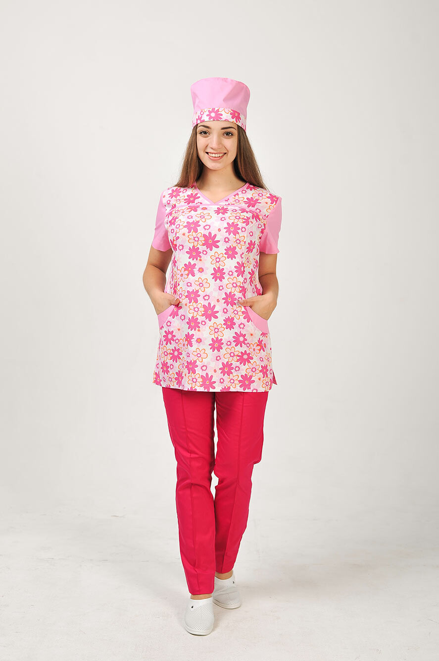 Костюм медицинский И-30+ Бр. зауженные. COTTON. Розовый / цветы / малина (544682) фото 1