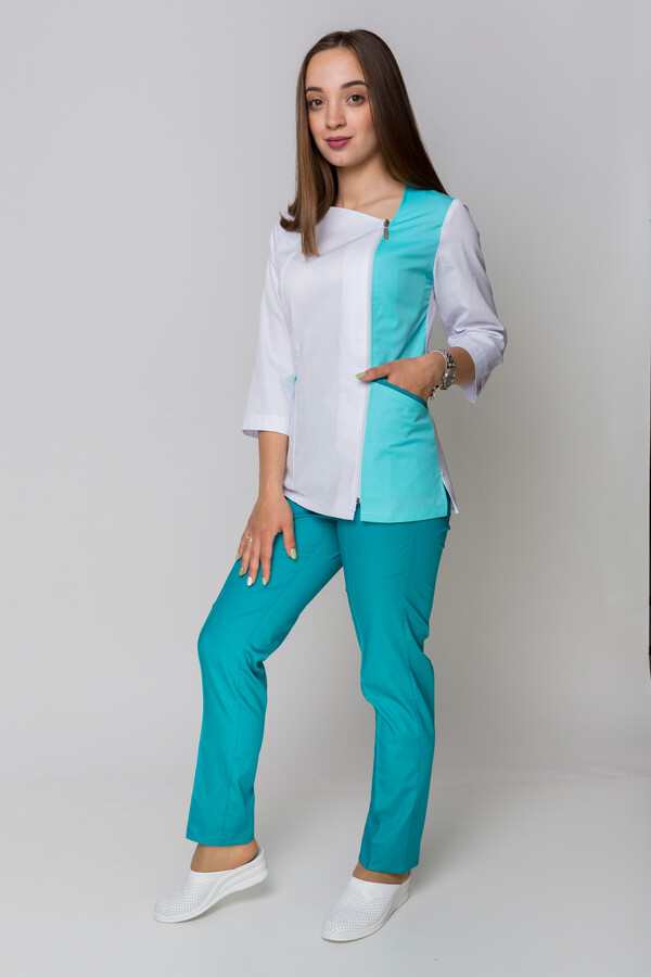 Костюм медицинский Лилия+ Бр. зауженные. COTTON. Белый + ментол / карибы (5411162) фото 3