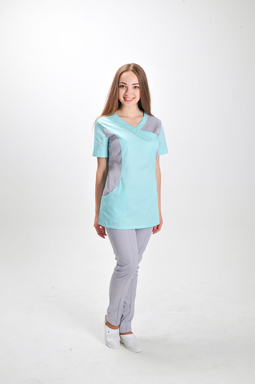 Медицинский костюм Марина+ Бр. зауженные. COTTON. Ментол / светло-серый (544747) фото 1