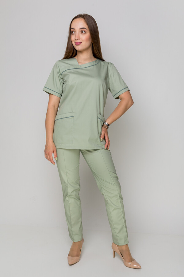 Медицинский костюм Моник+ Бр. зауженные. COTTON. Фисташка + олива (кант) (5410158) фото 6