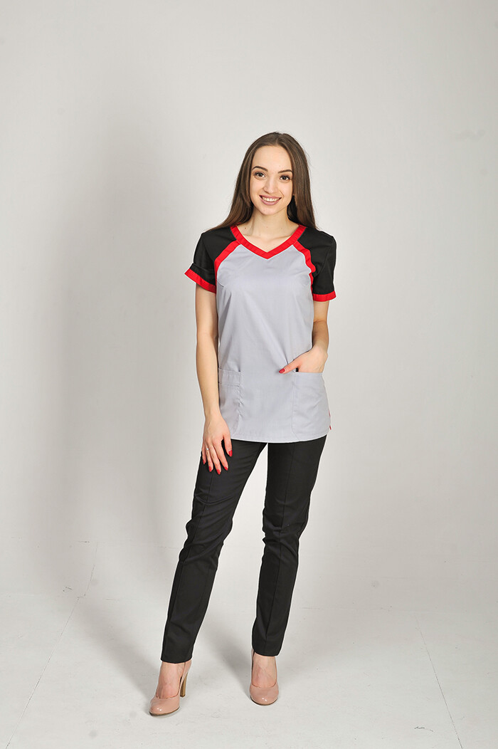 Костюм медичний Колібрі+ Бр. завужені. COTTON. Дим / чорний + червоний / чорний (544651) фото 1