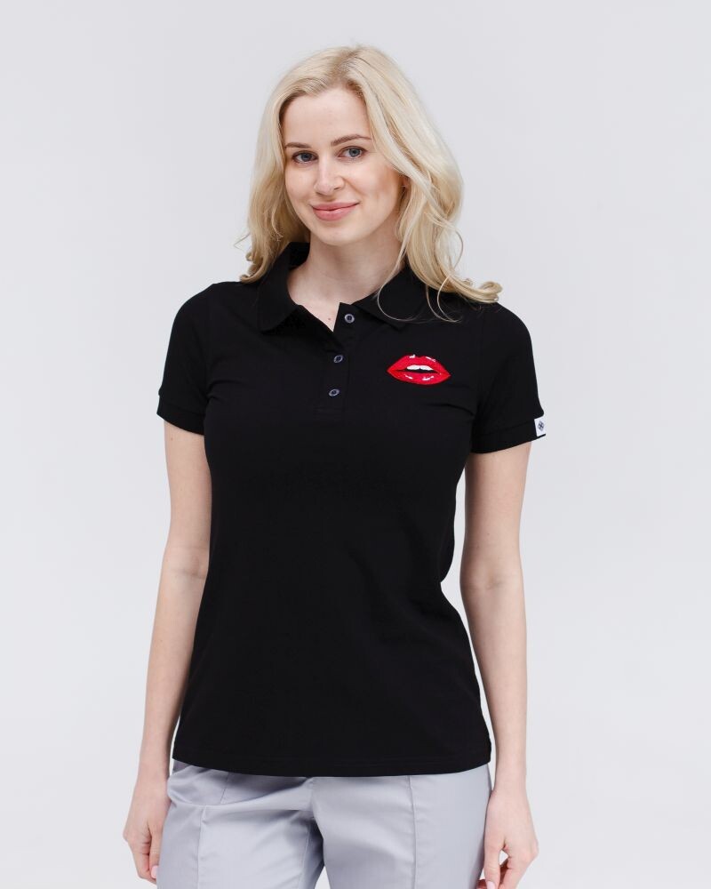 Medical Polo for women black embroidered Lips 147-321-635 (6613422) фото 1