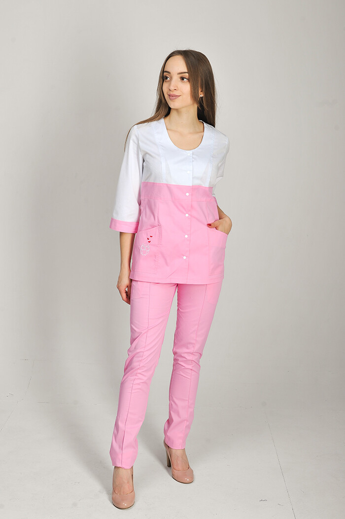 Костюм медицинский Роуз+ Бр. зауженные. COTTON. Белый / розовый / вышивка (544661) фото 1