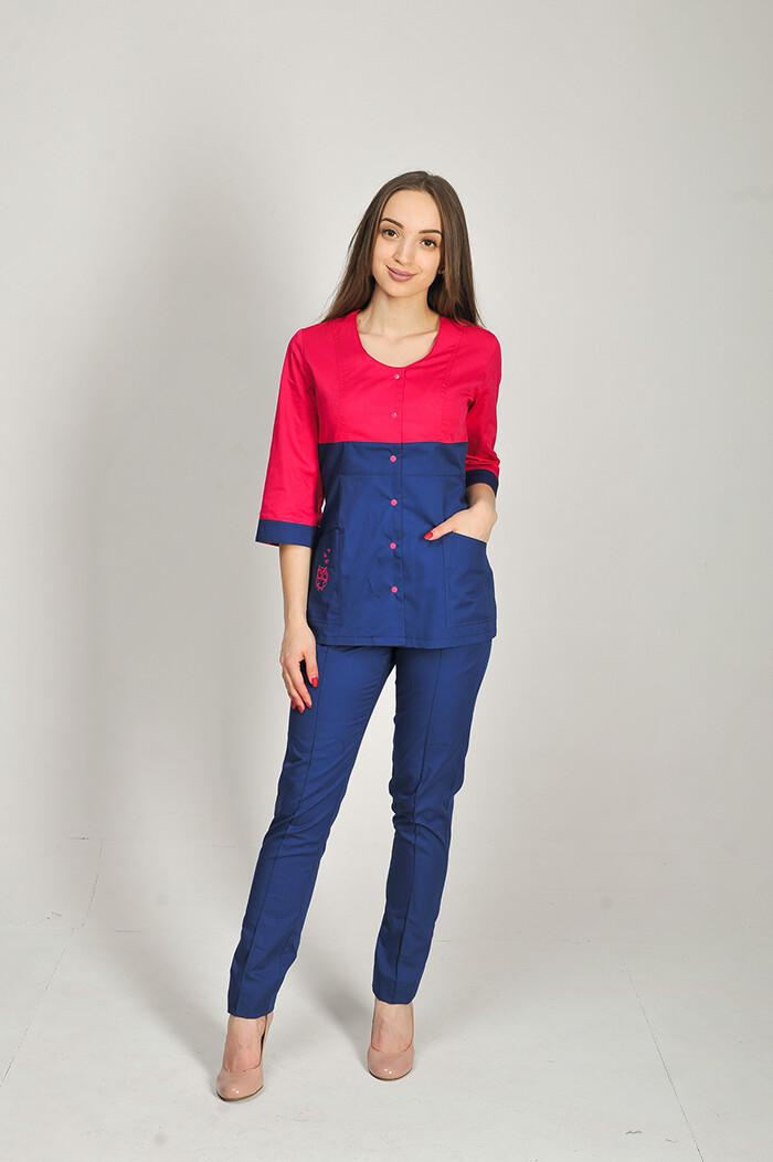 Костюм медицинский Роуз+ Бр. зауженные. COTTON. Малина / темно-синий / вышивка (544662) фото 2
