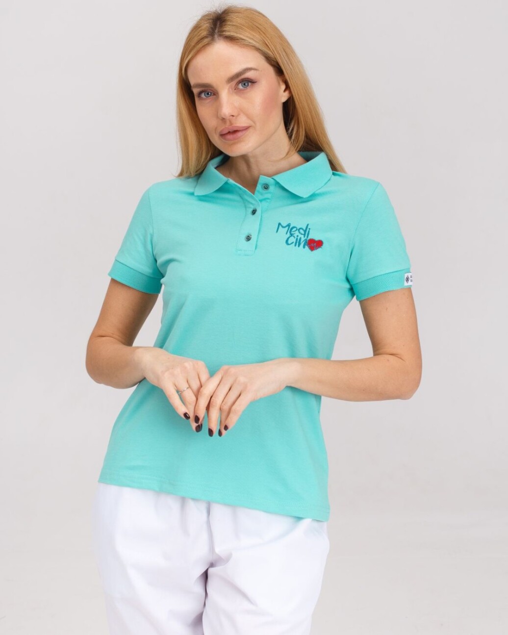 Medical polo for women light turquoise with embroidery Medicine 147-426-637 (6613402) фото 1