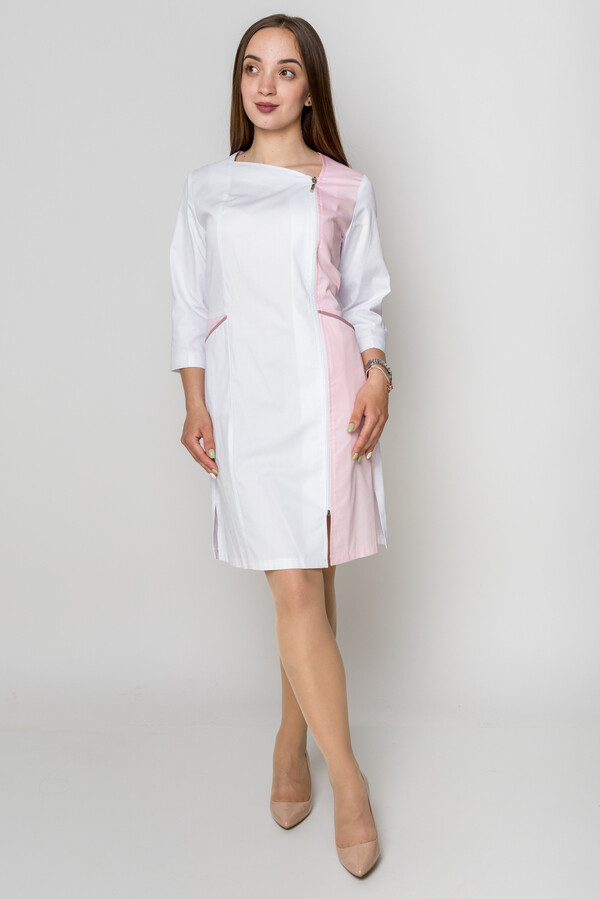 Женский медицинский халат Лилия. COTTON. Белый + розовый + пепельная роза (кант) (5411152) фото 2