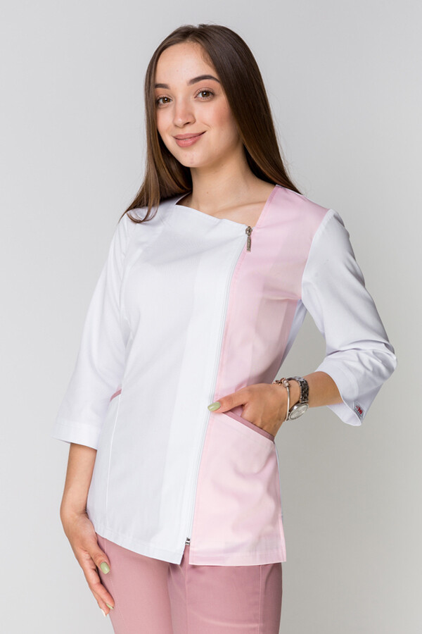Медицинский костюм Лилия+ Бр. зауженные. COTTON. Белый + розовый / пепельная роза (5411171) фото 16