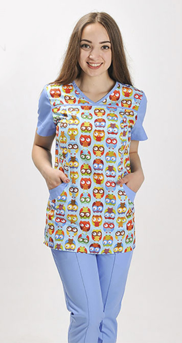 Костюм медицинский И-30+Бр. зауженные. COTTON. Голубой / совы (544723) фото 1