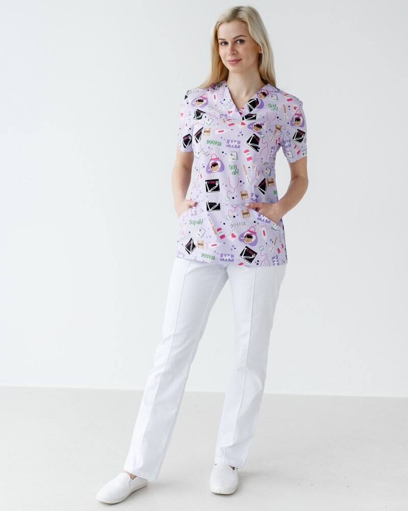 Медицинский костюм с принтом женский Топаз Laboratory white/purple 137-324-775  (6613277) фото 1