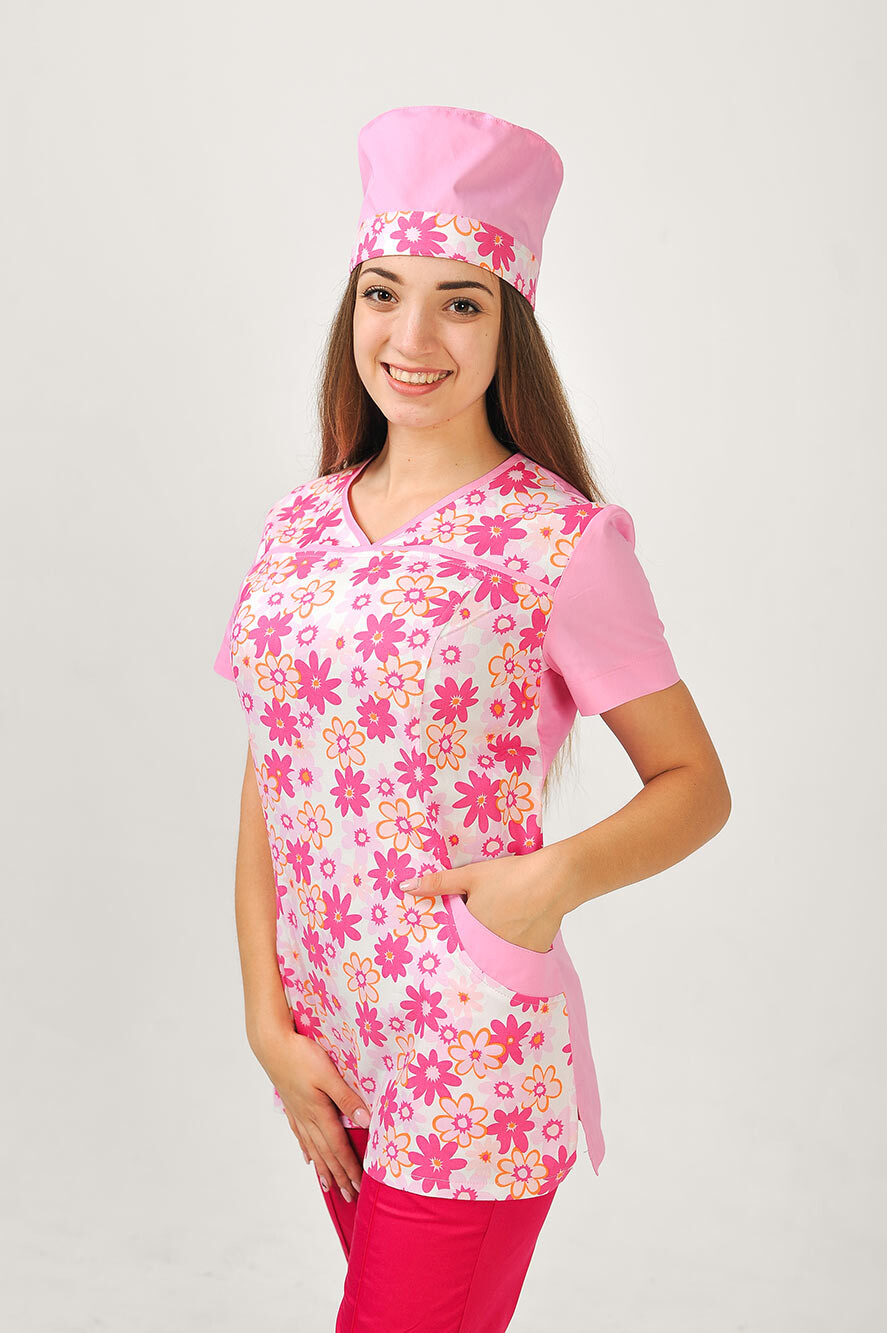 Костюм медицинский И-30+ Бр. зауженные. COTTON. Розовый / цветы / малина (544682) фото 3