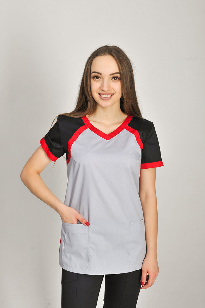 Костюм медичний Колібрі+ Бр. завужені. COTTON. Дим / чорний + червоний / чорний (544651) фото 2