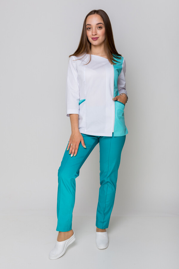 Костюм медицинский Лилия+ Бр. зауженные. COTTON. Белый + ментол / карибы (5411162) фото 1