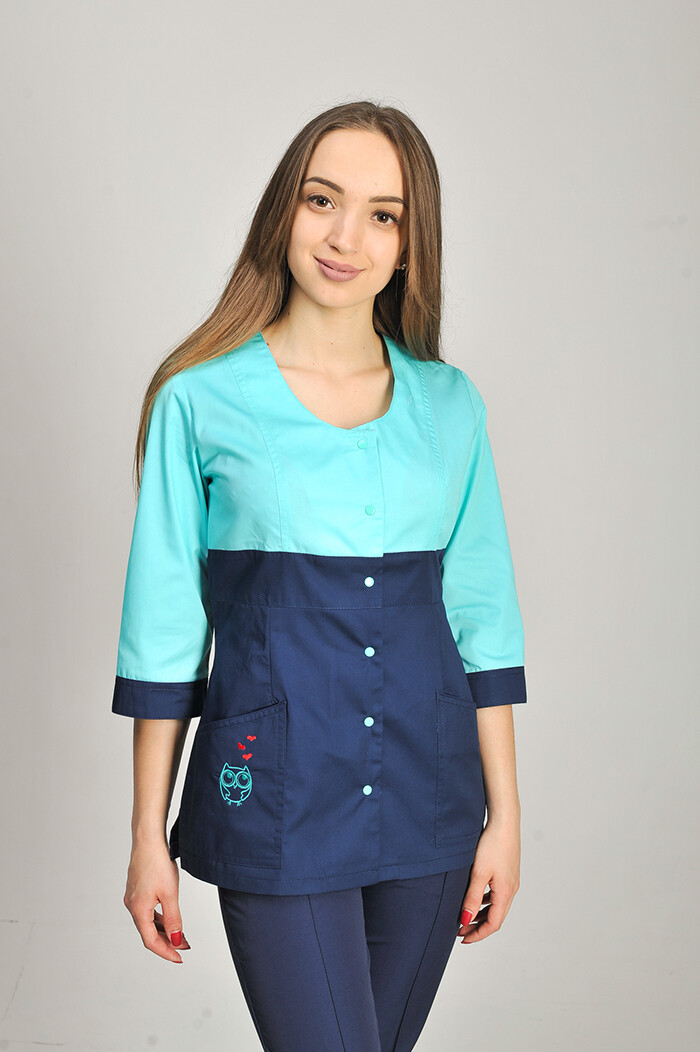 Костюм медицинский Роуз+ Бр. зауженные. COTTON. Ментол / темно-синий / вышивка (544660) фото 2