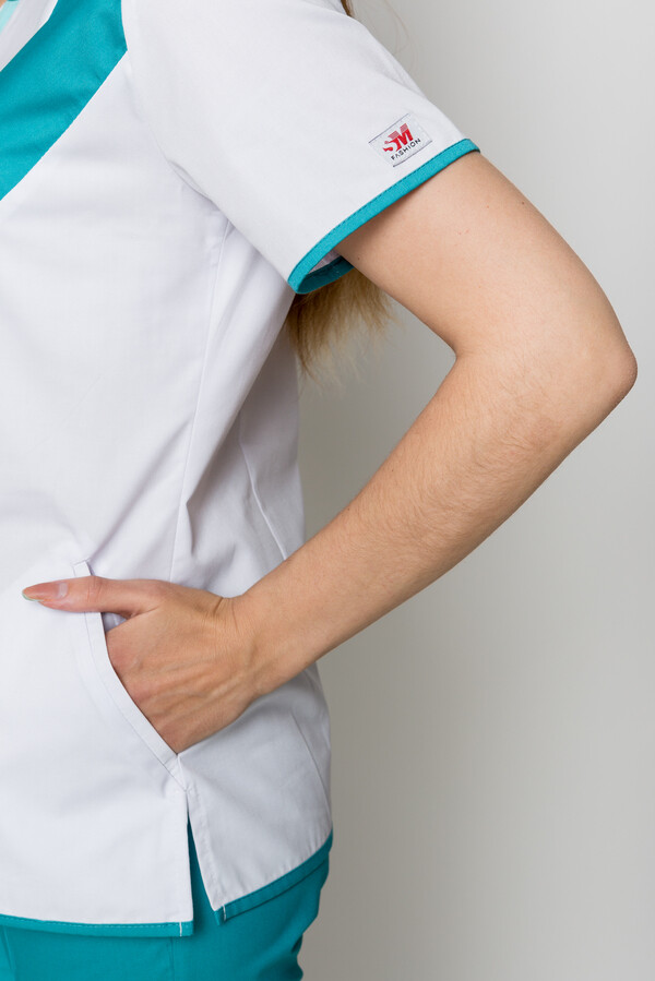 Медицинский костюм Айс+Бр. зауженные. COTTON. Белый + карибы + ментол / карибы (5410054) фото 12