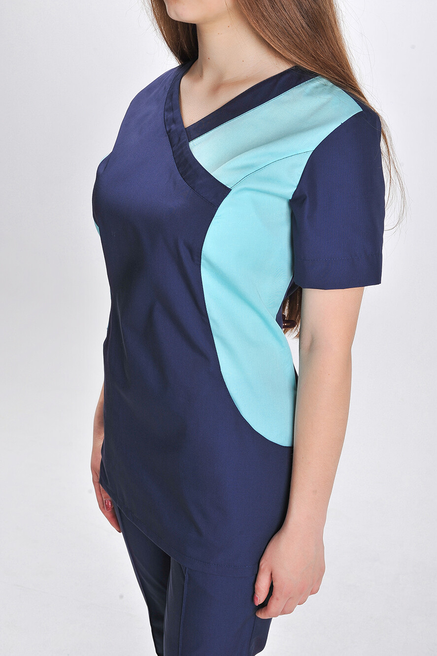 Медицинский костюм Марина+ Бр. зауженные. COTTON. Темно-синий с ментолом (отделка) (544706) фото 2